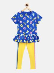 YK Girls Blue & Yellow Printed Top with Solid Leggings