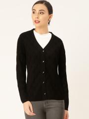 Madame Women Black Self Design Cardigan