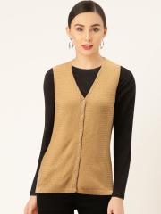 Madame Women Beige Self Design Cardigan Sweater