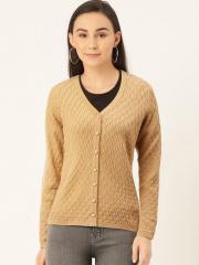 Madame Women Beige Self Design Cardigan