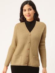 Madame Women Beige Self Design Cardigan