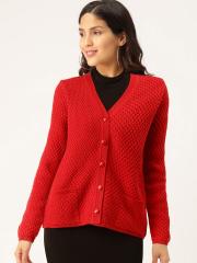 Madame Women Red Self Design Cardigan