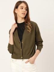 MANGO Women Olive Green Solid Cardigan