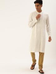 House of Pataudi Men Off-White & Beige Woven Design Pleated Straight Kurta