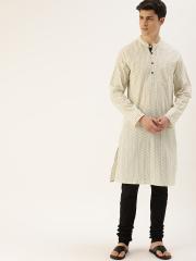 House of Pataudi Men Cream-Coloured & Black Woven Design Straight Kurta