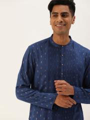 House of Pataudi Men Navy Blue & Gold-Coloured Woven Design Straight Kurta