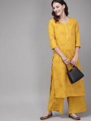 Anouk Women Mustard Yellow Printed Kurta with Palazzos