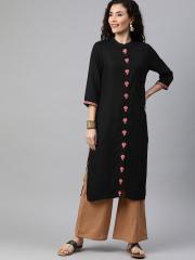 Anouk Women Black Solid Straight Kurta with Embroidery