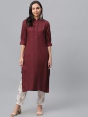 Libas Women Maroon Solid Straight Kurta