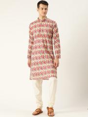 SOJANYA Men Red & White Printed Kurta with Churidar