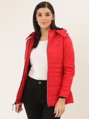 Okane Women Red Solid Padded Jacket with Detachable Hood