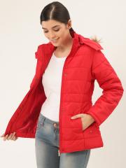 Okane Women Red Solid Parka Jacket with Detachable Hood