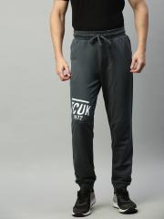 French Connection Men Charcoal Grey Solid Slim Fit Joggers with Printed Detail