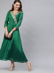 Inddus Women Green Embroidered Maxi Dress