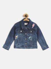 Gini and Jony Girls Navy Blue Solid Washed Denim Jacket with Sequinned Applique Detail