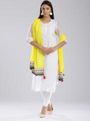 W Women Yellow Solid Cotton Dupatta with Printed Detail