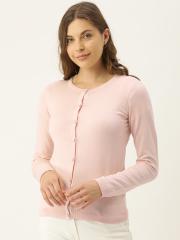 AND Women Pink Solid Button Shrug