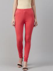 Biba Women Coral Pink Solid Churidar Length Leggings