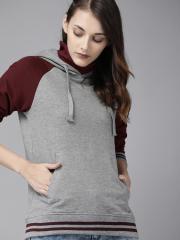 Roadster Women Grey Solid Hooded Pullover Sweatshirt