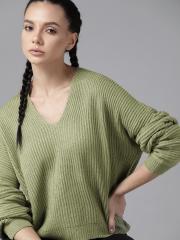 Roadster Women Olive Green Solid Pullover