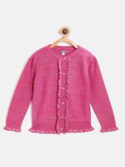 Nauti Nati Girls Pink Solid Cardigan with Ruffle Detail