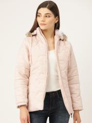 Okane Women Pink Solid Parka Jacket with Detachable Hood