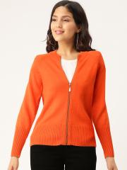 Madame Women Orange Solid Cardigan Sweater