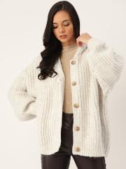 MANGO Women Off-White Solid Cardigan