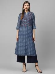 Biba Women Blue & Black Printed Kurta with Palazzos