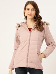 Okane Women Pink Solid Parka Jacket with Detachable Hood