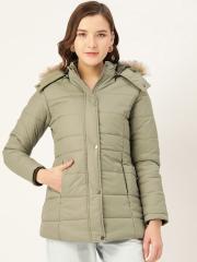 Okane Women Green Solid Parka Jacket with Detachable Hood