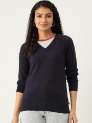 Madame Women Navy Blue Solid Pullover