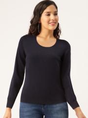 Madame Women Navy Blue Solid Pullover