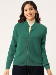 Madame Women Green Self-Design Cardigan