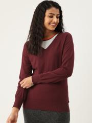 Madame Women Burgundy Solid Pullover Sweater