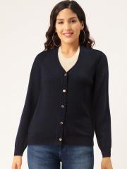 Madame Women Navy Blue Solid Cardigan Sweater