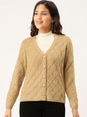 Madame Women Beige Self Design Cardigan Sweater