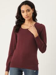 Madame Women Burgundy Solid Pullover Sweater