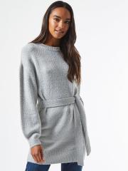 DOROTHY PERKINS Women Grey Melange Solid Longline Pullover with Belt