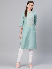 W Women Blue Printed Straight Kurta