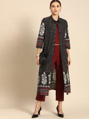 Anouk Women Black & Maroon Checked Kurta with Trousers