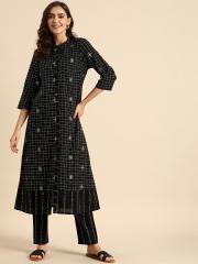 Anouk Women Black & Green Checked Kurta with Trousers