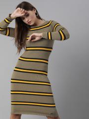 The Roadster Lifestyle Co Women Beige & yellow Striped Sweater Dress