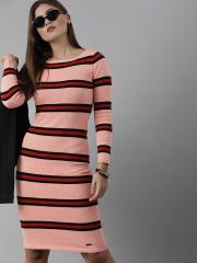 The Roadster Lifestyle Co Women Pink & Red Striped Sweater Dress