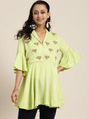 Sangria Women Green Embroidered Tunic With Bell Sleeves