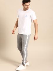 ether Men Grey Melange Solid Joggers with Striped Detail