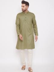 even Men Green Striped Straight Kurta