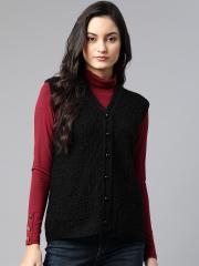 Cayman Women Black Self Design Cardigan