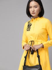 Park Avenue Women Yellow Solid Shirt Dress with Embroidered & Waist Tie-Up Detail