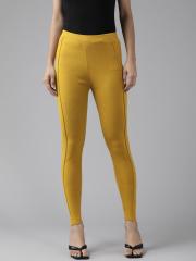 W Women Mustard Yellow Solid Cropped Winter Leggings